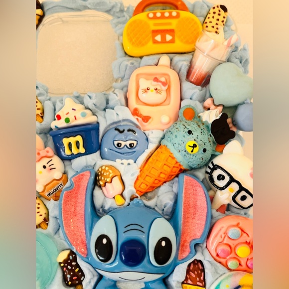 Handmade Stitch Blue Decoden custom Phone Case with Pastel Charms handmade - Picture 8 of 11